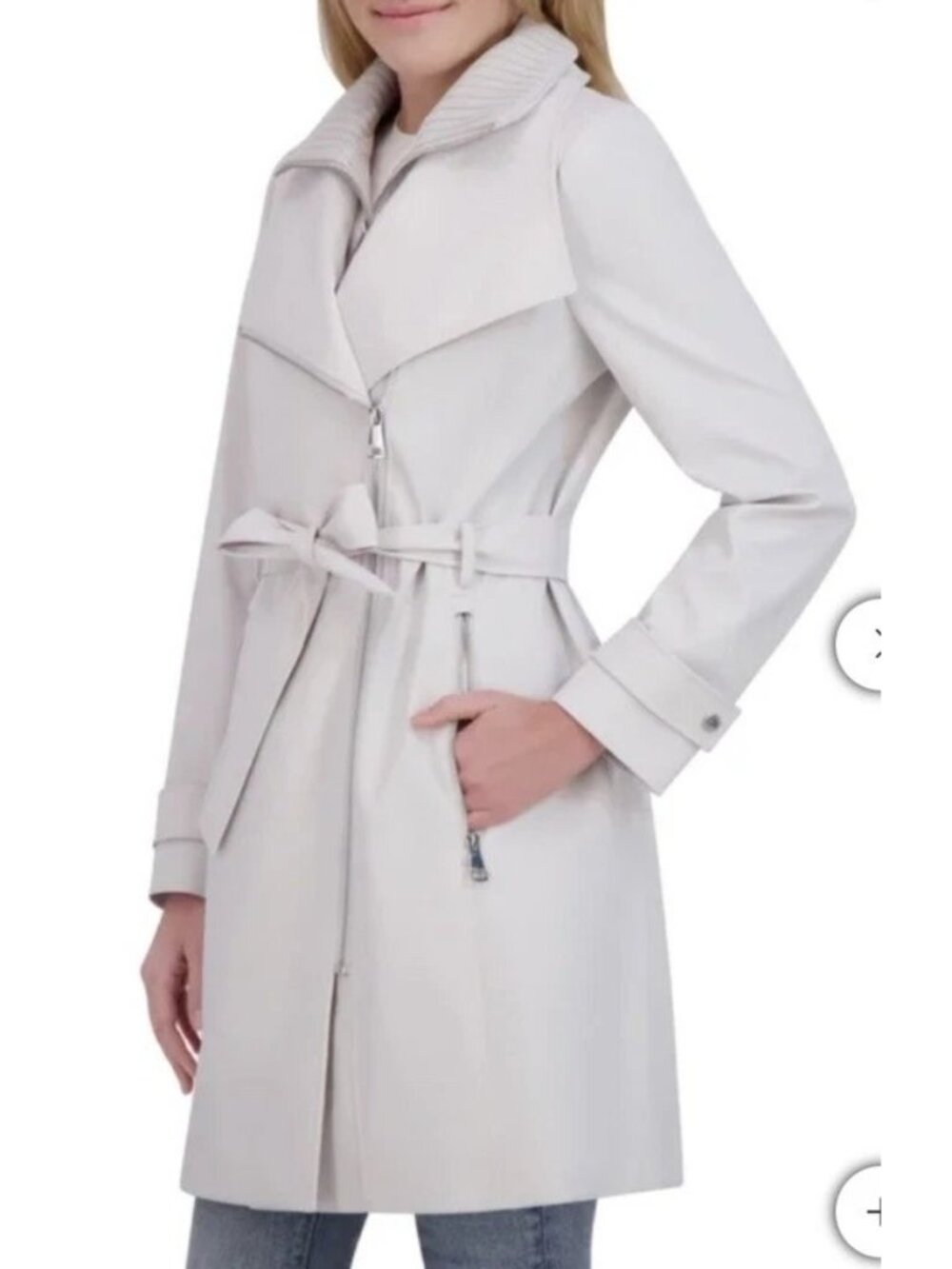 Halston Womens Long Gray Belted Trench Coat With Ribbed Collar Zipper Size Large